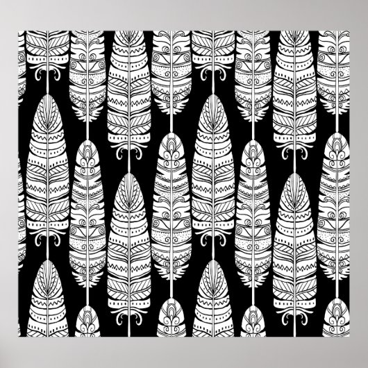 Feathers boho: zwart-wit patroon poster (Voorkant)