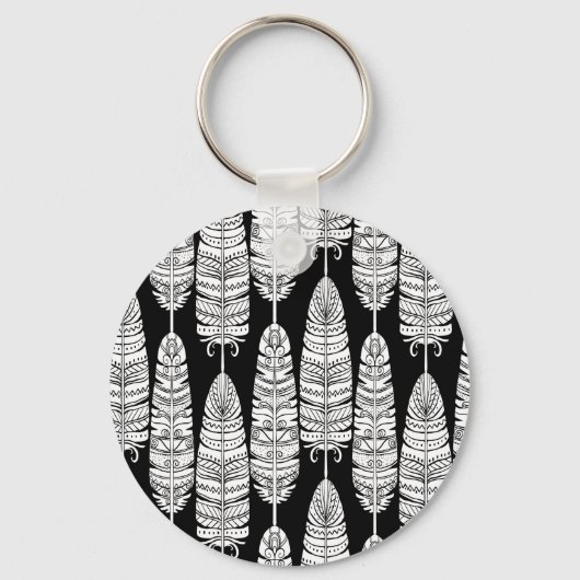 Feathers boho: zwart-wit patroon sleutelhanger (Voorkant)