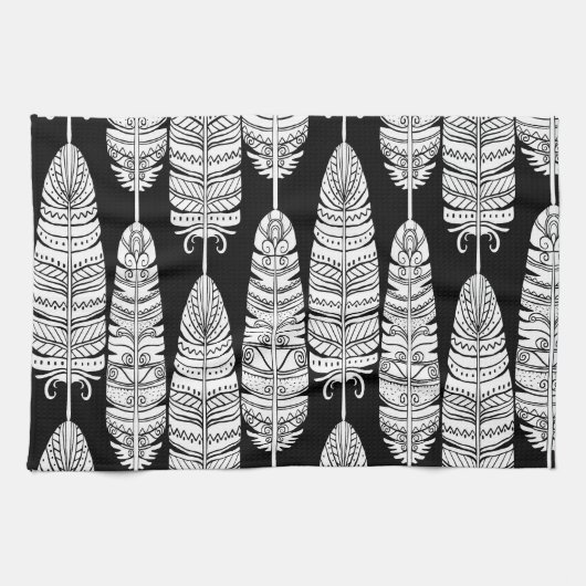 Feathers boho: zwart-wit patroon theedoek (Horizontaal)