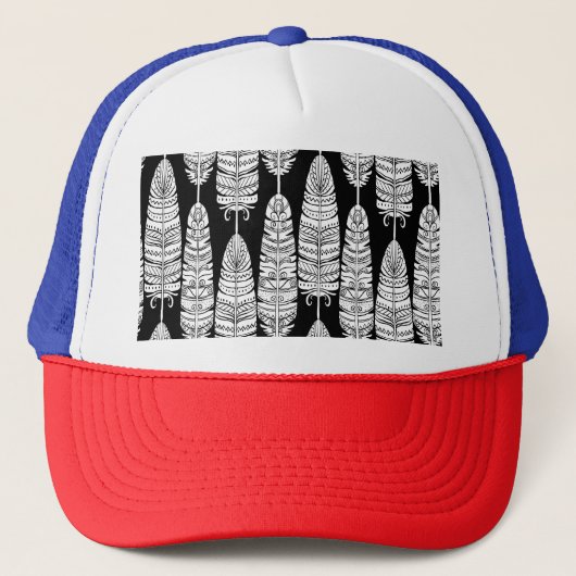 Feathers boho: zwart-wit patroon trucker pet (Voorkant)