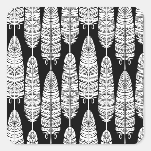 Feathers boho: zwart-wit patroon vierkante sticker (Voorkant)