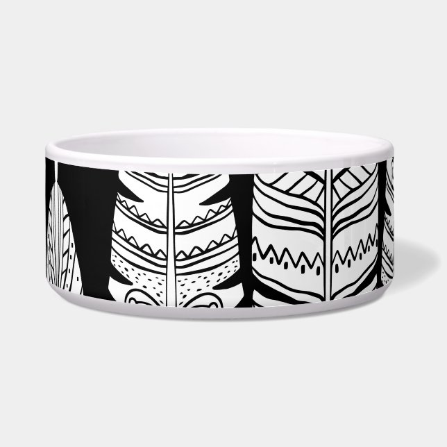 Feathers boho: zwart-wit patroon voerbakje (Voorkant)