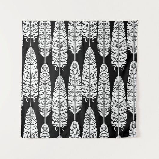 Feathers boho: zwart-wit patroon wandkleed (Voorkant)