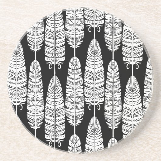 Feathers boho: zwart-wit patroon zandsteen onderzetter (Voorkant)