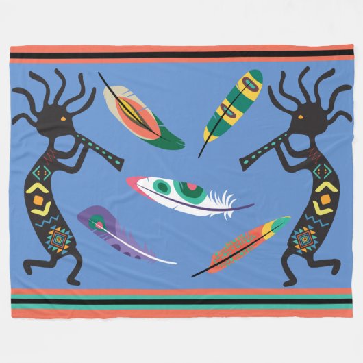 Feathers en Kokopelli Fleece Blanket (Voorkant (Horizontaal))