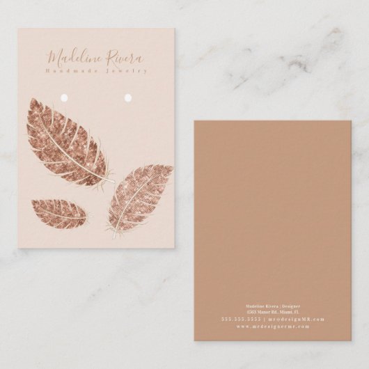 Feathers Faux Gold Artisan Earring Display Kaart Contactkaartje (Voorkant / Achterkant)