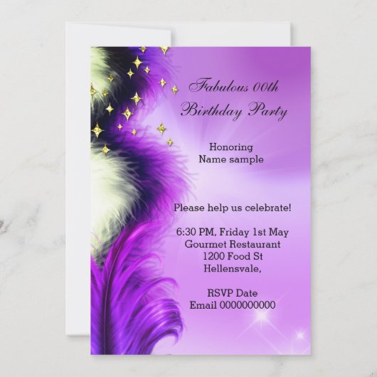 Feathers Gold Birthday, Paarse feestdag Kaart (Achterkant)