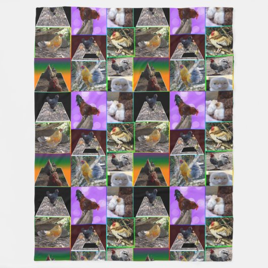 Feathers in Focus: Een Collage van Kippen Hanen Fleece Deken (Voorkant)