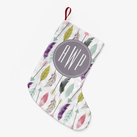 Feathers Monogram Kerstmis stoppen Kleine Kerstsok (Voorkant (Hangend))