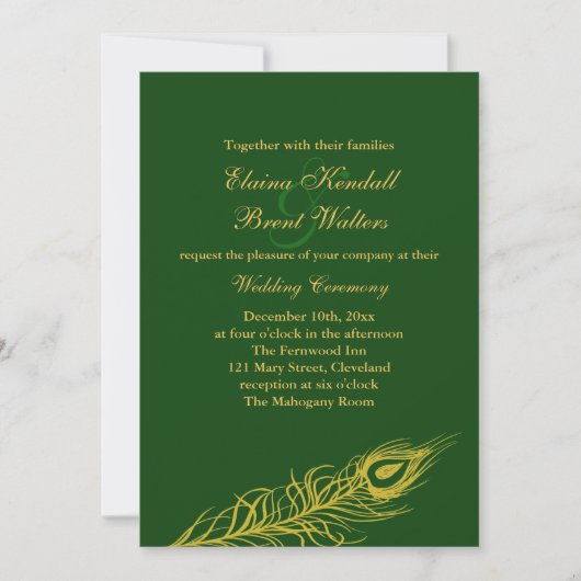Feathers on Emerald Green Wedding Invitation Kaart (Voorkant)