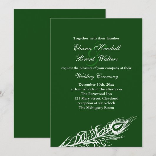 Feathers on Emerald Green Wedding Invitation Kaart (Voorkant / Achterkant)