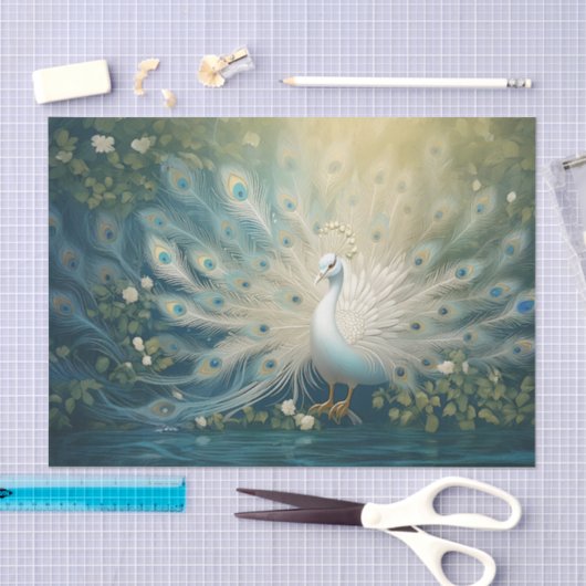 Feathery Peacock Promenade, Elegante witte Peacock Tissuepapier (Craft)