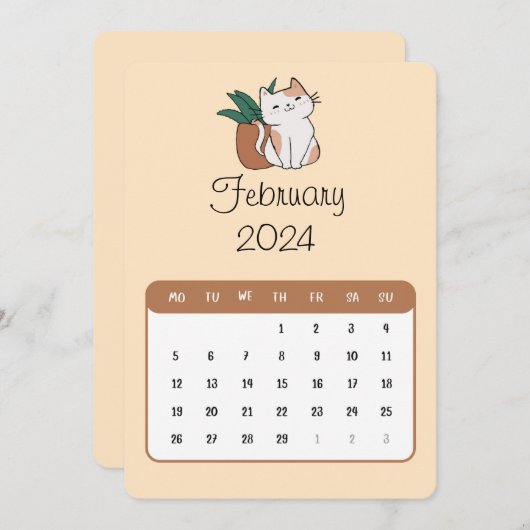 Februari 2024 Stand Alone Kat en Plant Kalender Menu (Voorkant / Achterkant)