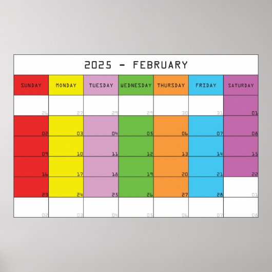 Februari 2025 kleur dagen kalender planner poster (Voorkant)