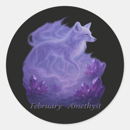 Februari Amethist – Mystical Fox & Crystal Ronde Sticker (Voorkant)