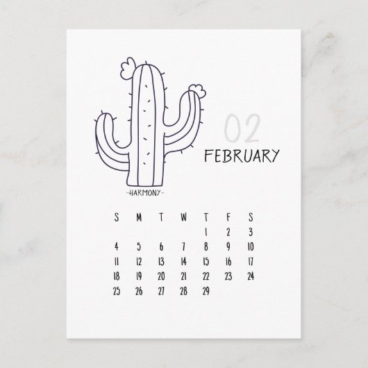 Februari  Cactus 2024 Kalender Kaart (Voorkant)