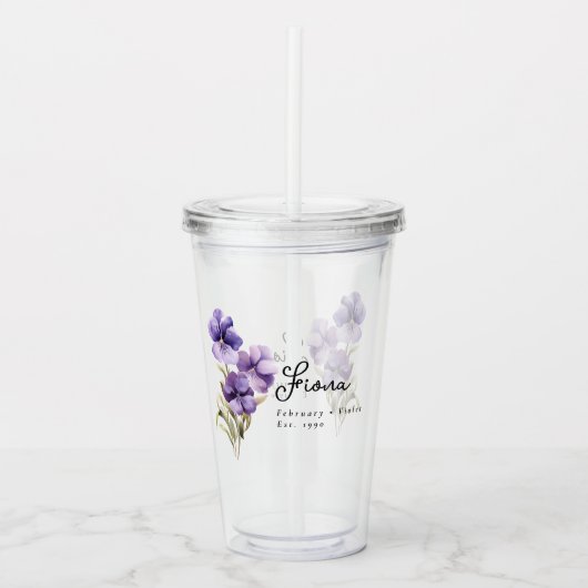 Februari Geboorte Maand Bloem Violet gepersonalise Acryl Drinkbeker (Voorkant)