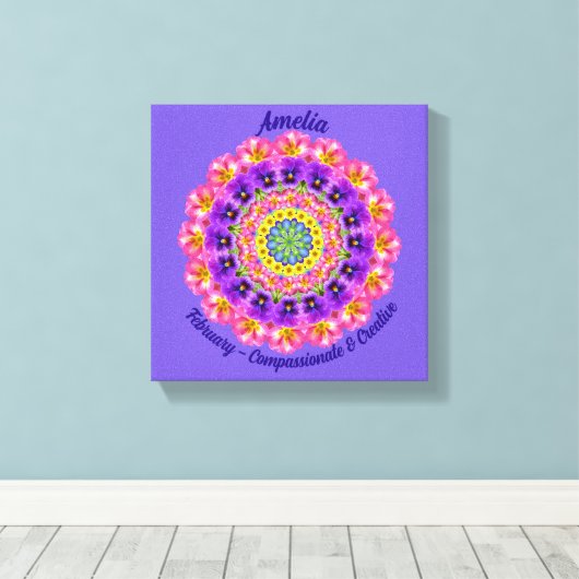 Februari Geboortebloem Gepersonaliseerde Mandala Z Canvas Afdruk (Insitu (Houten vloer))