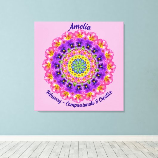 Februari Geboortebloem Gepersonaliseerde Mandala Z Canvas Afdruk (Insitu (Houten vloer))