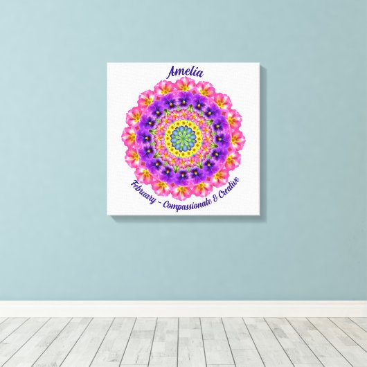 Februari Geboortebloem Gepersonaliseerde Mandala Z Canvas Afdruk (Insitu (Houten vloer))