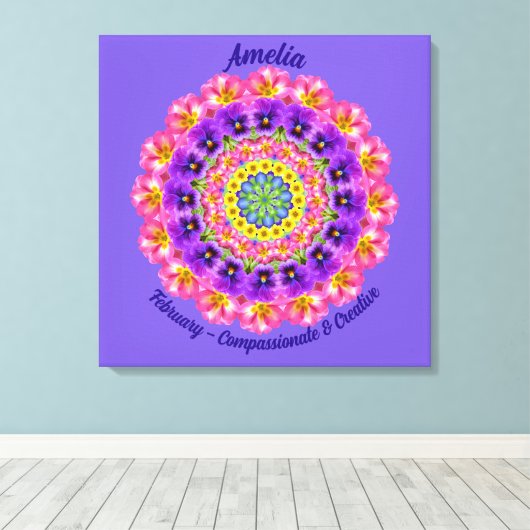 Februari Geboortebloem Gepersonaliseerde Mandala Z Canvas Afdruk (Insitu (Houten vloer))