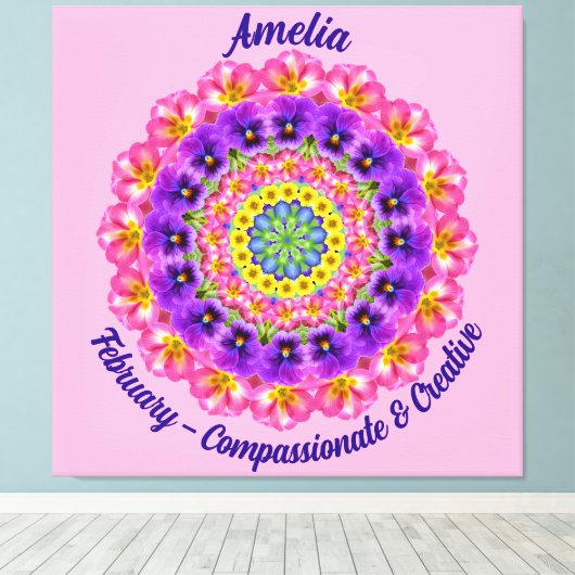 Februari Geboortebloem Gepersonaliseerde Mandala Z Canvas Afdruk (Insitu (Houten vloer))