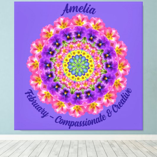 Februari Geboortebloem Gepersonaliseerde Mandala Z Canvas Afdruk (Insitu (Houten vloer))