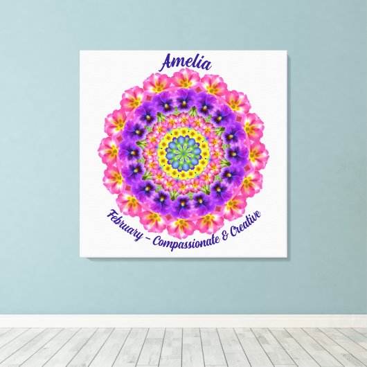 Februari Geboortebloem Gepersonaliseerde Mandala Z Canvas Afdruk (Insitu (Houten vloer))