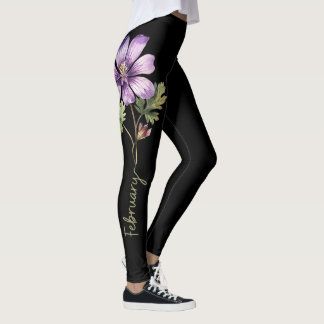 Februari Geboortebloem, Paarse Violet op Zwart Leggings