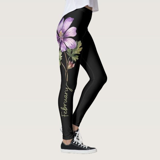Februari Geboortebloem, Paarse Violet op Zwart Leggings (Rechts)