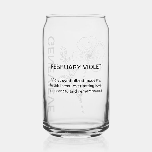 Februari Geboortebloem Violet met aangepaste naam Blikvorm Glas (Achterkant)