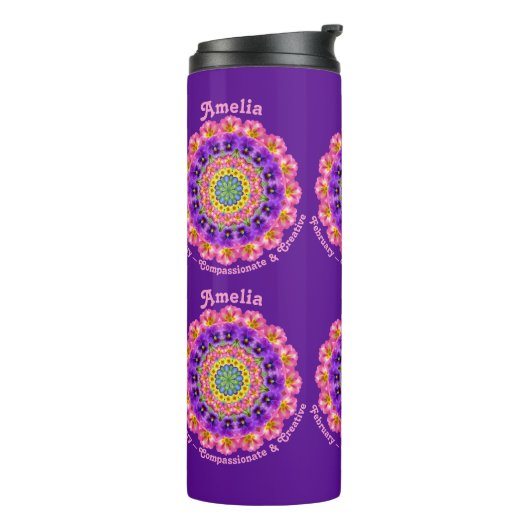 Februari Geboortemaand Bloemen Custom Mandala Zen Thermosbeker (Gedraaid links)