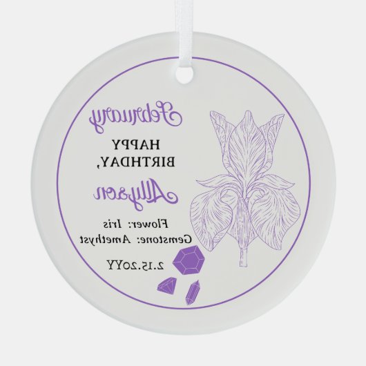 Februari Iris Floral | Amethist Verjaardag Keepsak Glas Ornament (Achterkant)