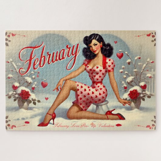 Februari Retro Bruine Pin-Up Meisje Legpuzzel (Horizontaal)
