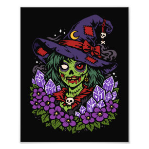 Februari Zombie Heks met Edelstenen en Bloemen Foto Afdruk