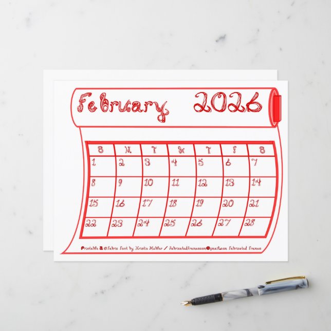 February 2026 Calendar Red Bolt Fabric Font Paper (Voorkant / Achterkant in situ)