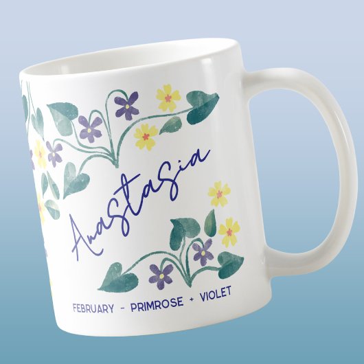 February Birth Flower Custom Name Primrose Violet Koffiemok