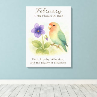 February Birthday Christian Floral Love Bird Canvas Afdruk