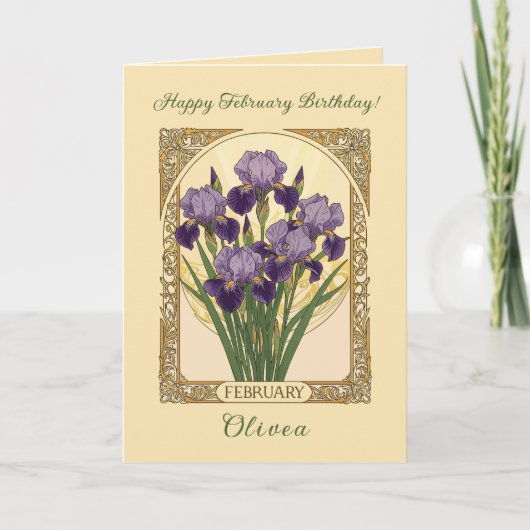 February Irises Birth Flower Art Nouveau Style Kaart (Voorkant)