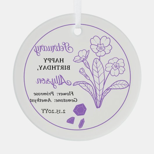 February Primrose | Amethist Verjaardag Keepsake Glas Ornament (Achterkant)