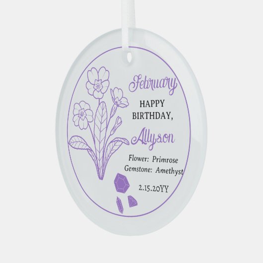 February Primrose | Amethist Verjaardag Keepsake Glas Ornament (Voorkant links)