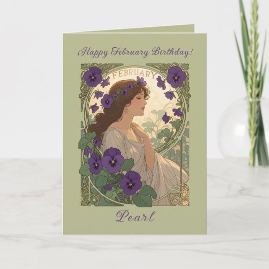 February Viola Birth Flower Art Nouveau Style Kaart (Voorkant)