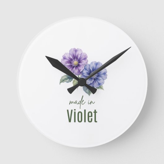February Violet Birth Flowe Clock Watercolor Ronde Klok (Voorkant)