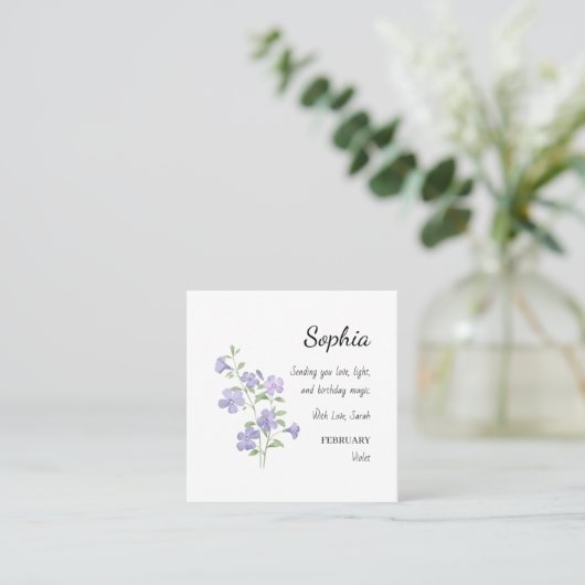 February Violet Personalized Birthday Vierkante Visitekaartje (Staand voorkant)