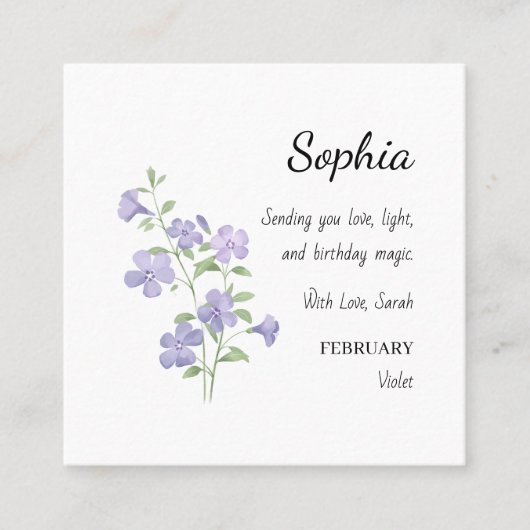 February Violet Personalized Birthday Vierkante Visitekaartje (Voorkant)