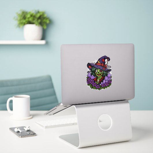 February Zombie Witch with Gems and Flowers Sticker (Laptop op bureau)