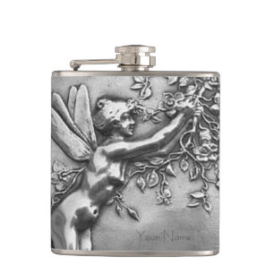 Fee Dame Antique Silver Repousse Whiskey Kneep Heupfles