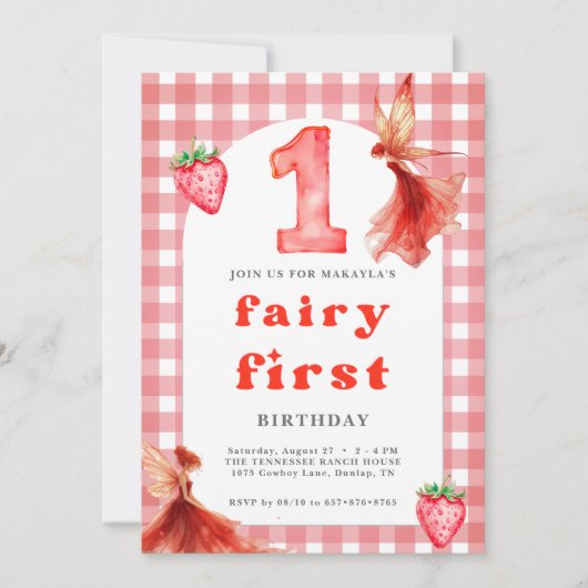 fee eerste 1e Strawberry Gingham verjaardag Kaart (Voorkant)