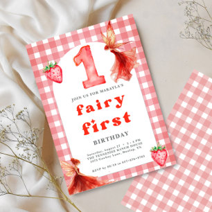 fee eerste 1e Strawberry Gingham verjaardag Kaart