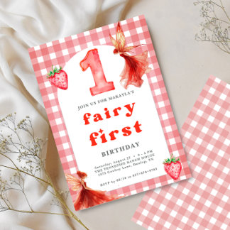 fee eerste 1e Strawberry Gingham verjaardag Kaart